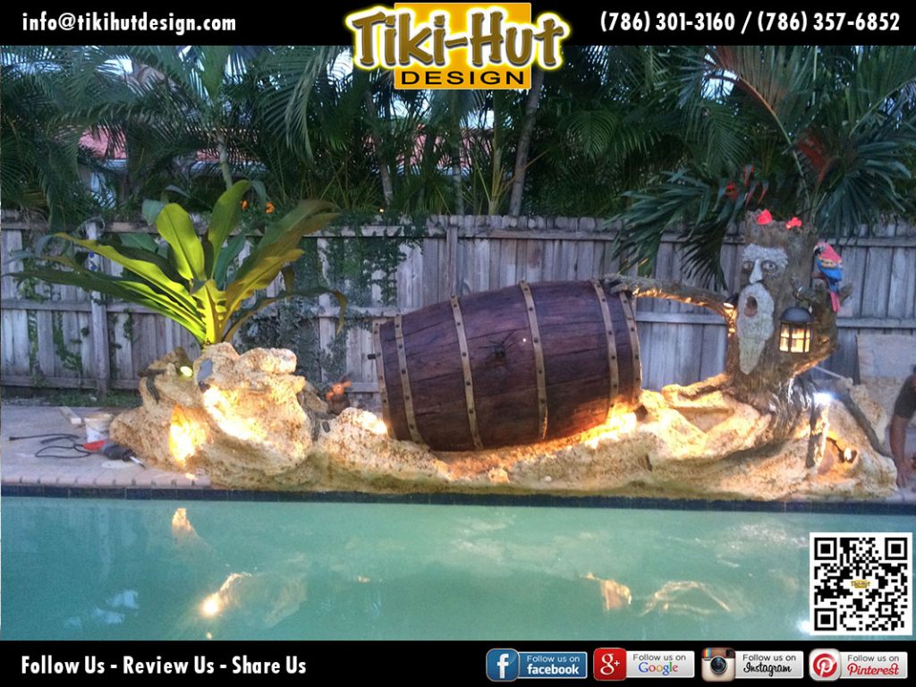Custom-Decorative-Wine-Barrel-with-Water-feature-night-view-by-Tiki-Hut-Design-of-Miam