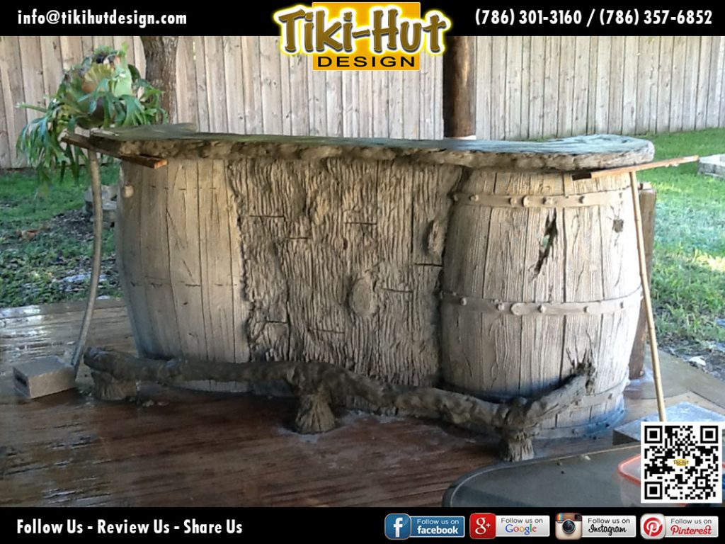 Custom-tiki-bar-sculpted-cement-wine-barrel-and-counter-top-under-construction-by-Tiki-Hut-Design-of-Miami